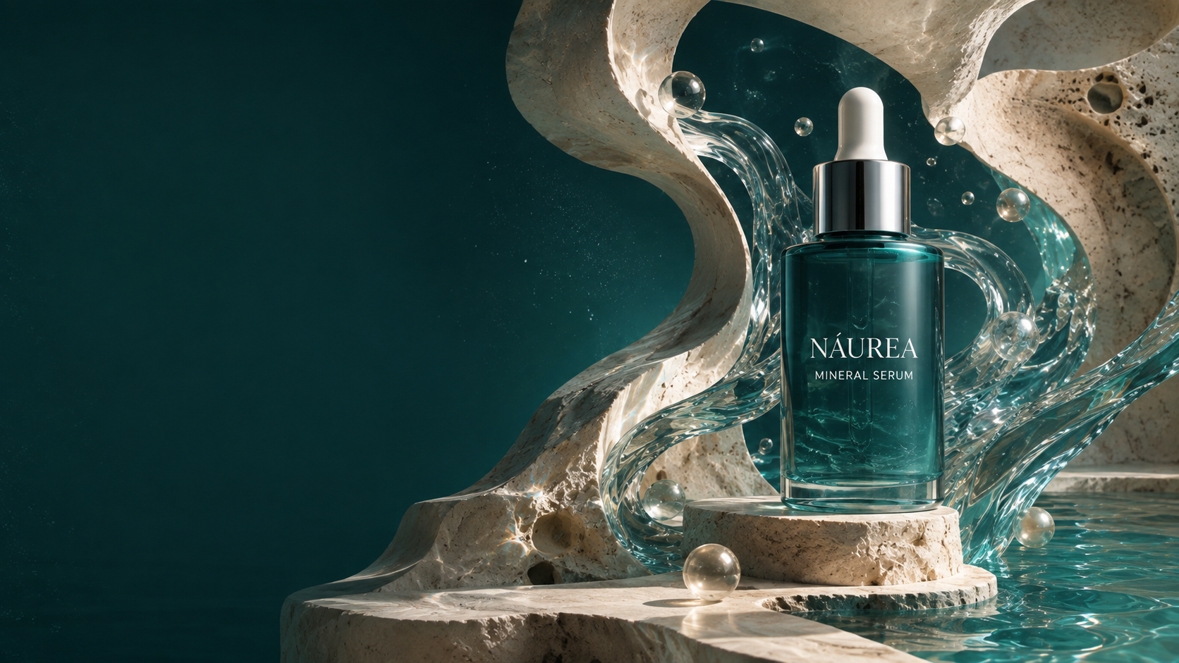 Sérum NÁUREA em um cenário de calcário, água e vidro